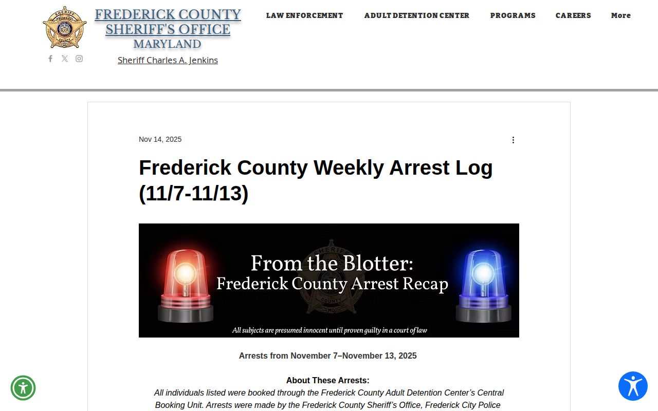 FCSO Frederick County weekly arrest log covering November 7 through 13, 2025