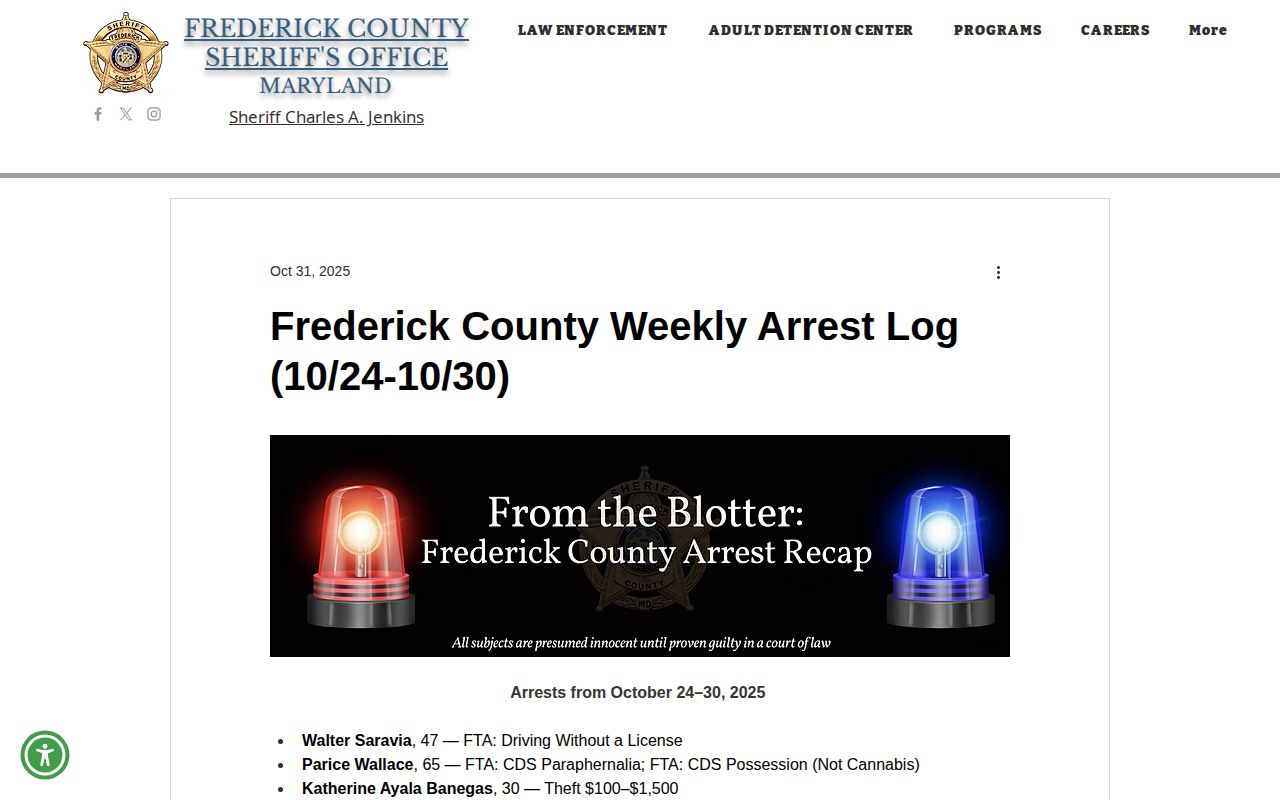 FCSO weekly arrest log covering October 24 through October 30, 2025