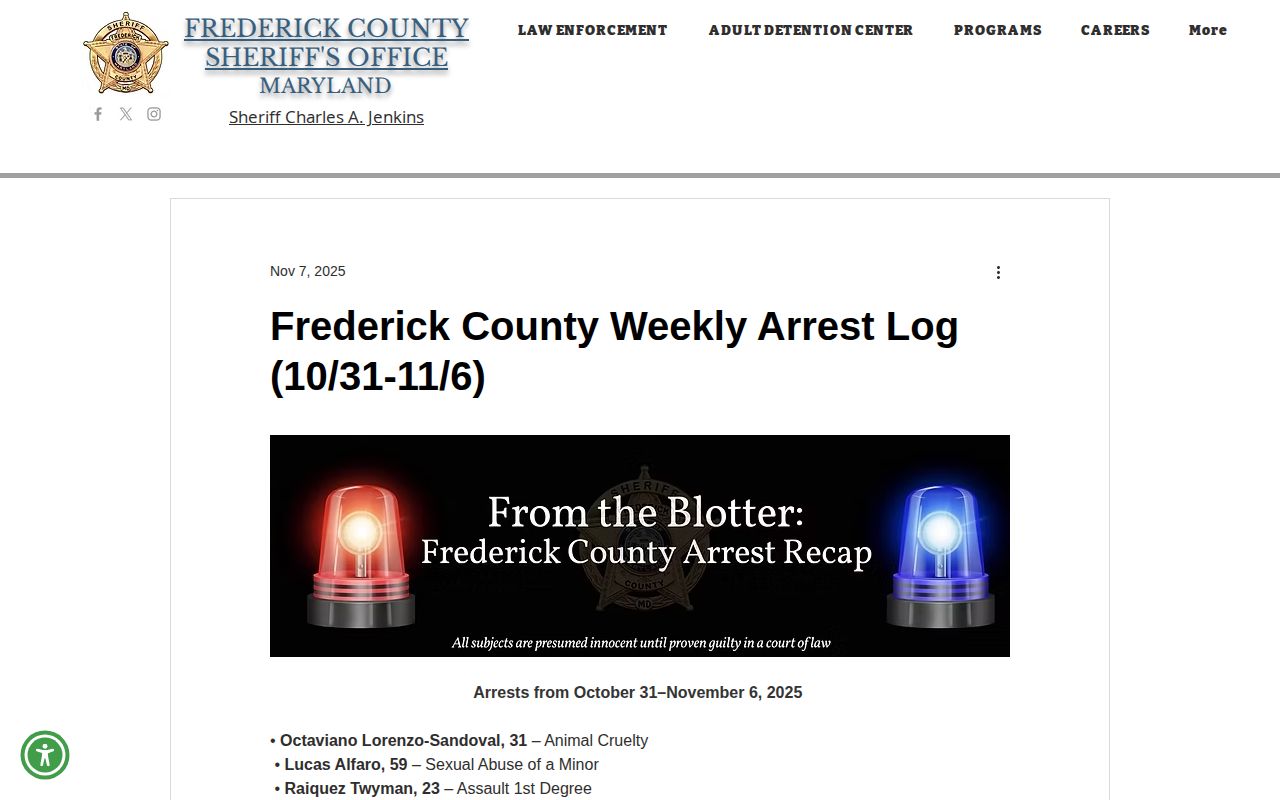 FCSO weekly arrest log covering October 31 through November 6, 2025