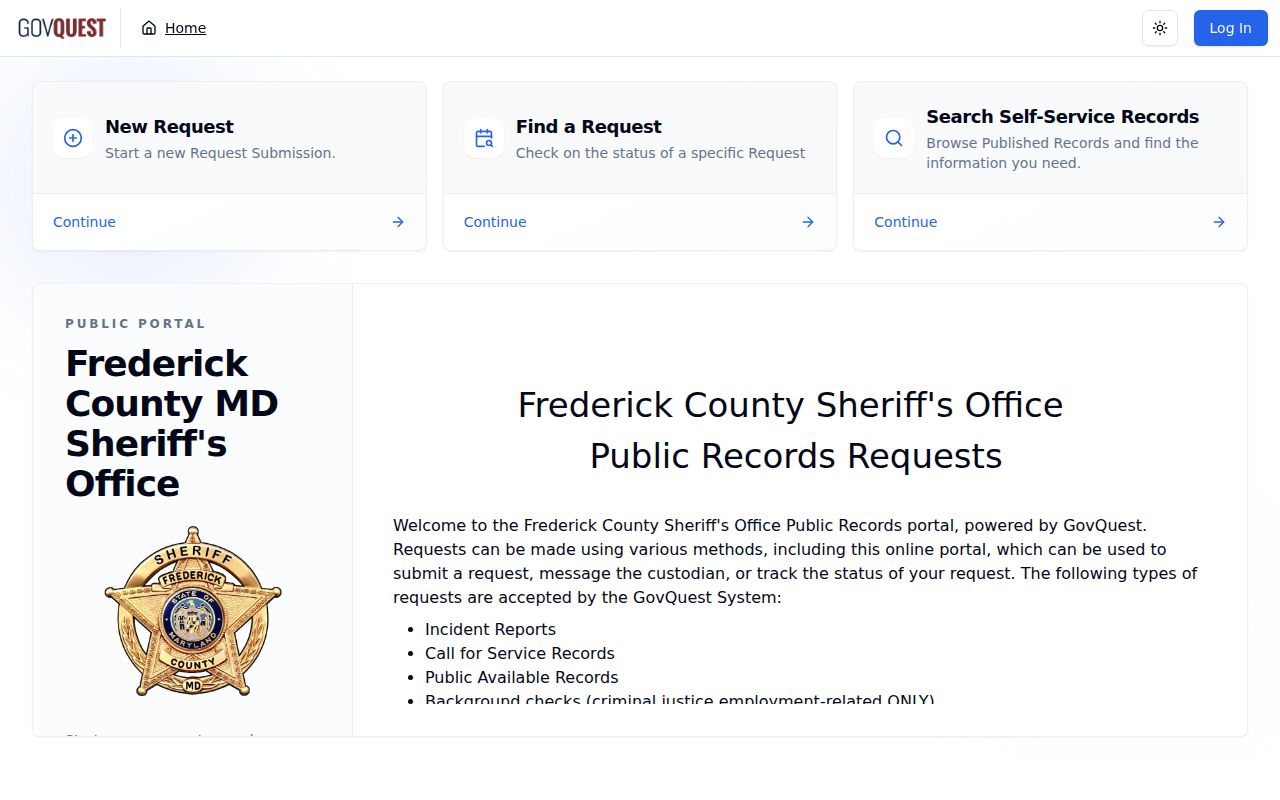 Frederick County Sheriff's Office arrest record request portal
