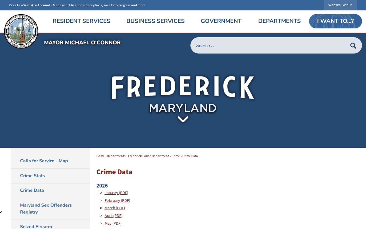 Frederick Police Department monthly Crime Data page