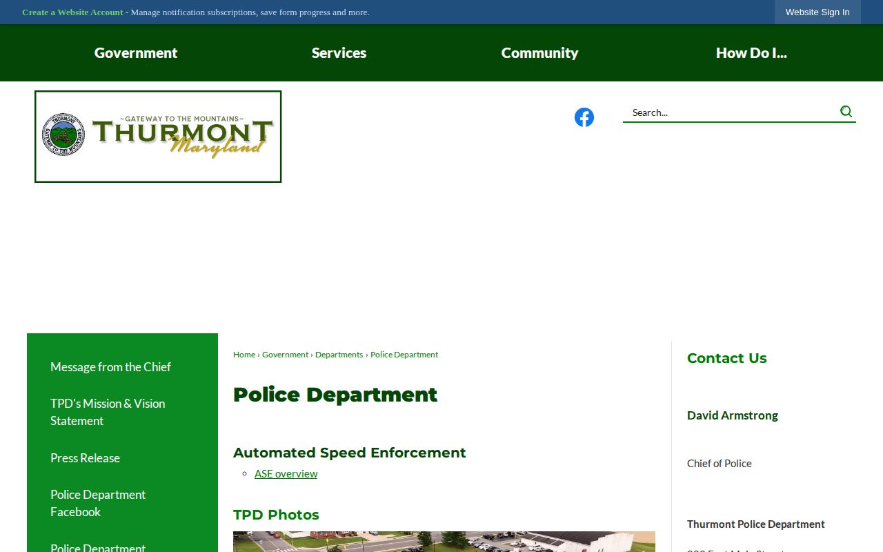 Official Thurmont Police Department page with department contact information