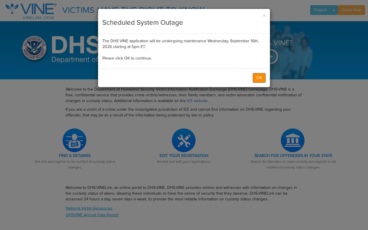 DHS-branded VINELink portal for custody search and notification access