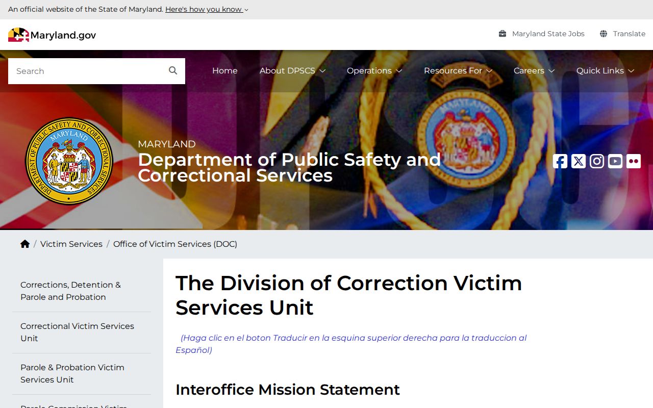 Maryland DPSCS Victim Services page describing VINE notifications
